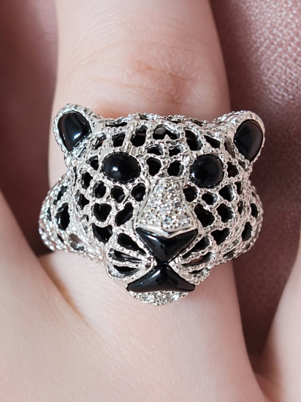 Sterling Silver Filigree Leopard Head Ring - Silver